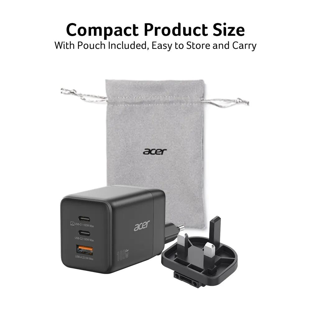 Acer 100W GAN Charger with detachable EU/UK Plugs Black