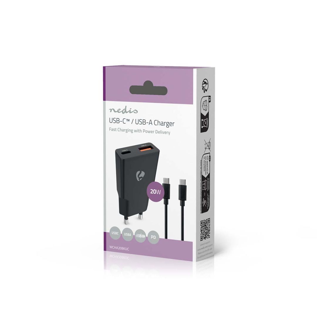 Nedis Wall Charger 20W PD 3.0 with 1,5m USB-C cable Black