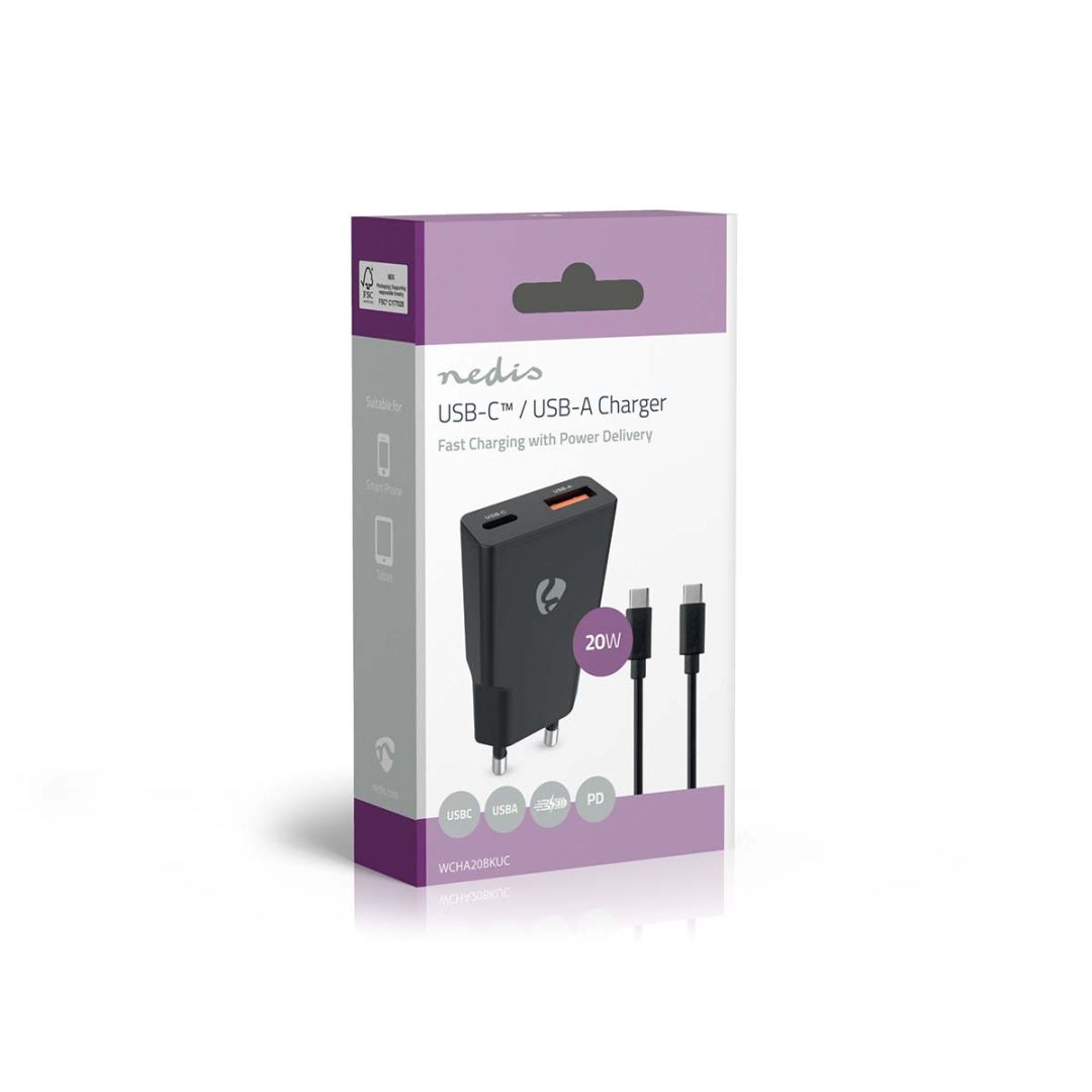 Nedis Wall Charger 20W PD 3.0 with 1,5m USB-C cable Black