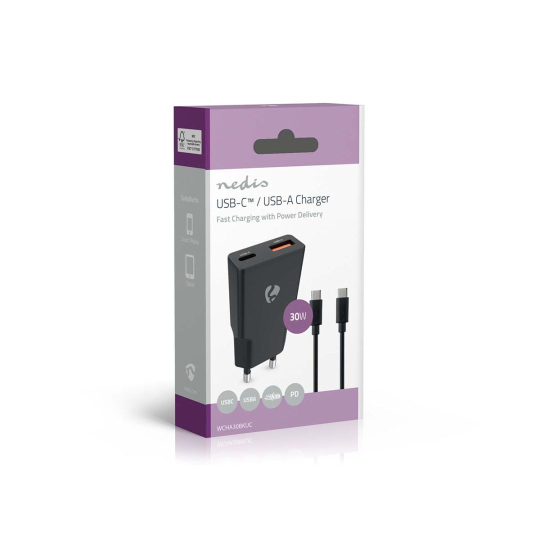 Nedis Wall Charger 30W PD 3.0 with 1,5m USB-C cable Black