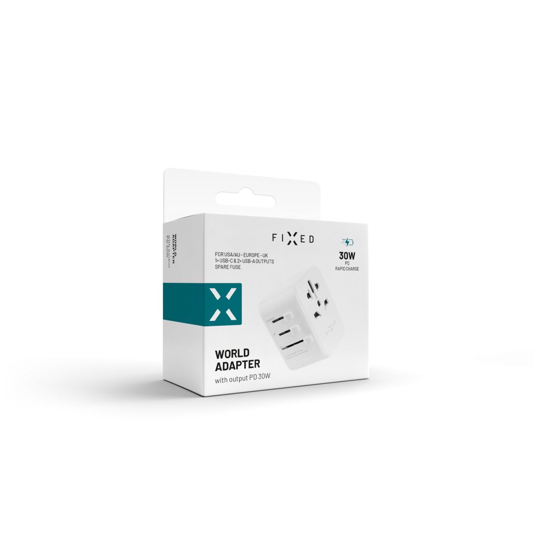 FIXED travel adapter for EU, UK and USA/AUS, with 1xUSB-C and 2xUSB output, GaN, PD 30W, white