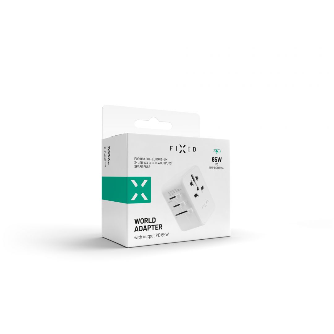 FIXED travel adapter for EU, UK and USA/AUS, with 3xUSB-C and 2xUSB output, GaN, PD 65W, white