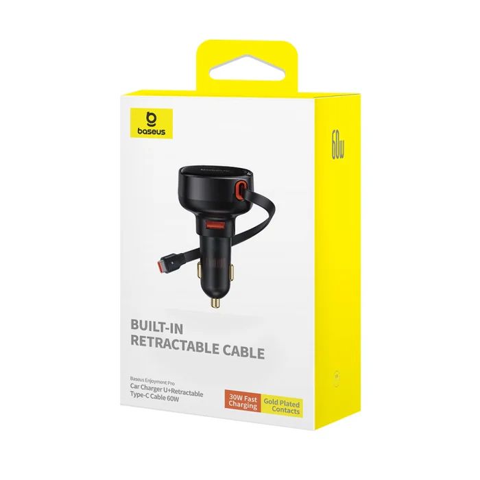 Baseus Enjoyment Pro Car Charger U+Retractable Type-C Cable 60W Black