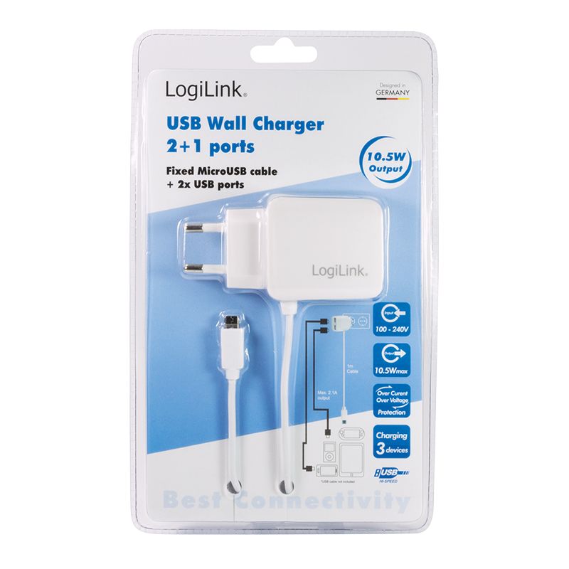 Logilink Dual micro USB socket adapter with fixed cable 2x USB-A 10,5W White