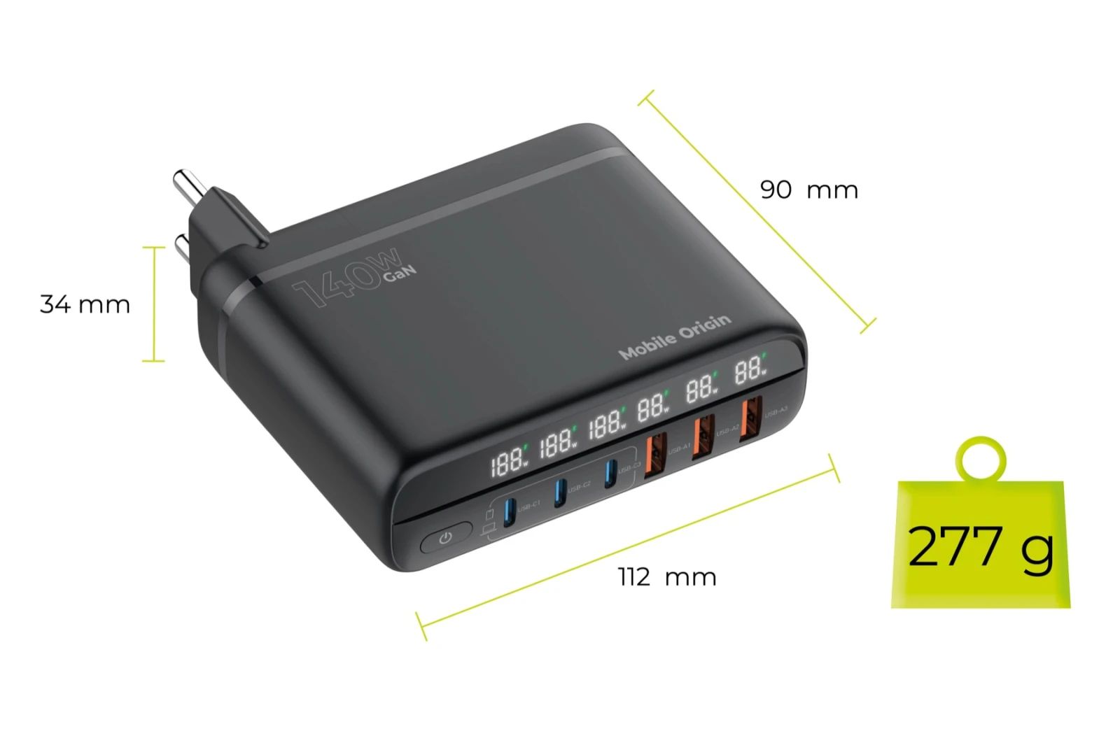 Mobile Origin 140W Travel Charger Hub EU/UK/US 3x USB-C+3x USB-A Black