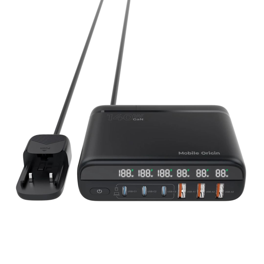 Mobile Origin 140W Travel Charger Hub EU/UK/US 3x USB-C+3x USB-A Black