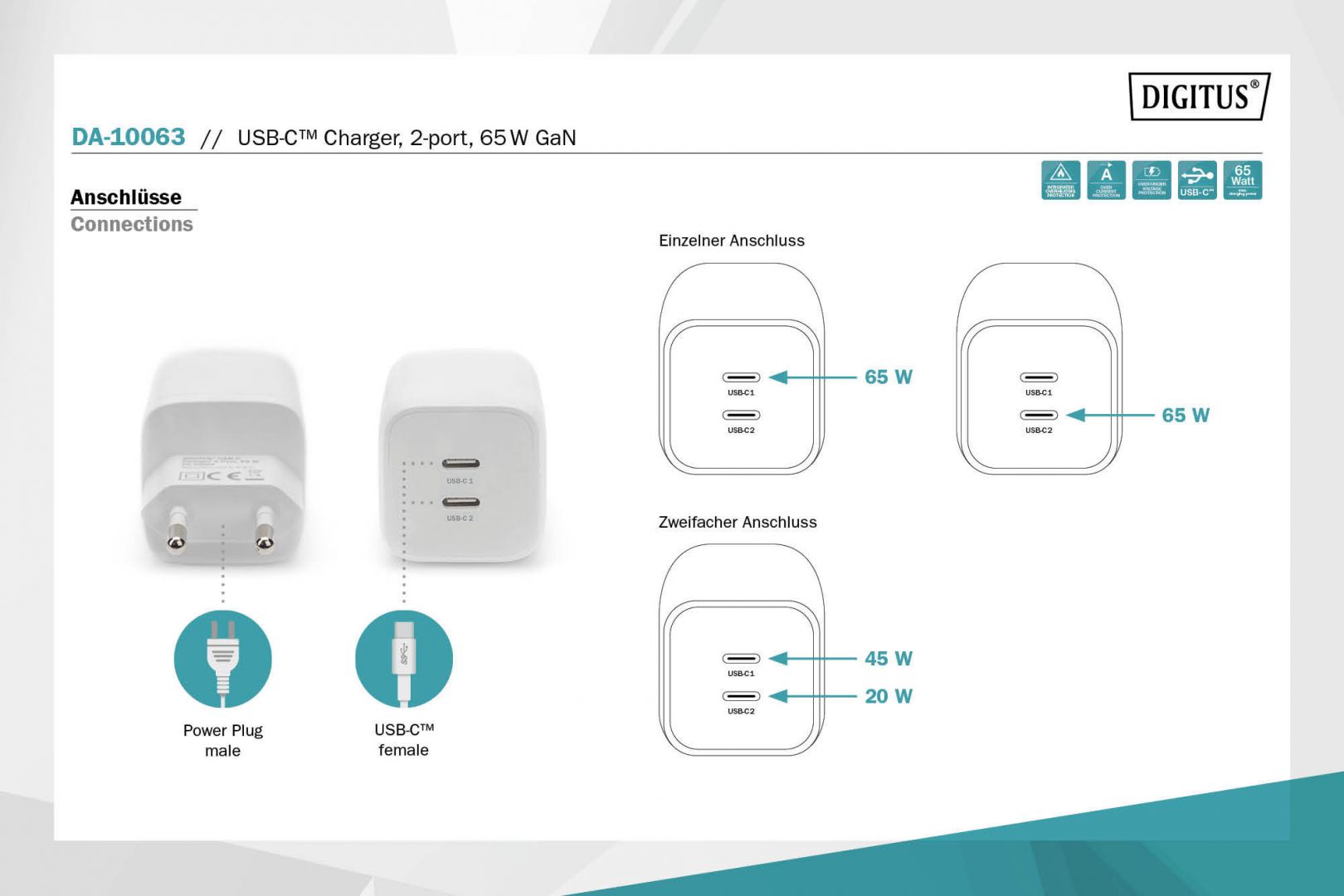 Digitus DA-10063 USB-C Charger 2-port, 65W GaN White