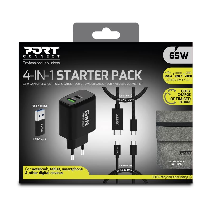 Port Designs 4-in-1 Starter Pack 65W GaN Charger + cables + converter Black