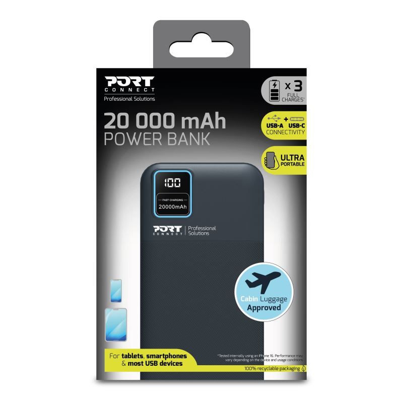 Port Designs 20000mAh Powerbank LCD Display USB-A QC / USB-C / Micro USB Black