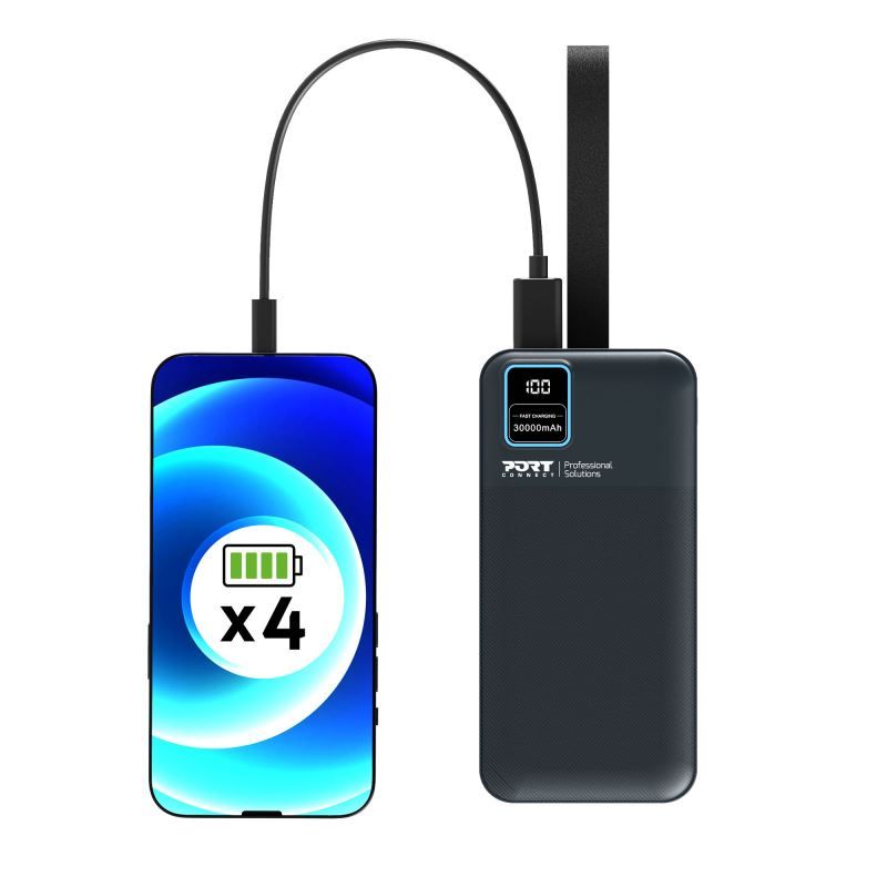 Port Designs 30000mAh Powerbank LCD Display USB-A QC / USB-C / Micro USB Black