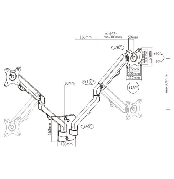 Gembird MA-WA2-01 Adjustable Wall 2-Display Mounting Arm 17