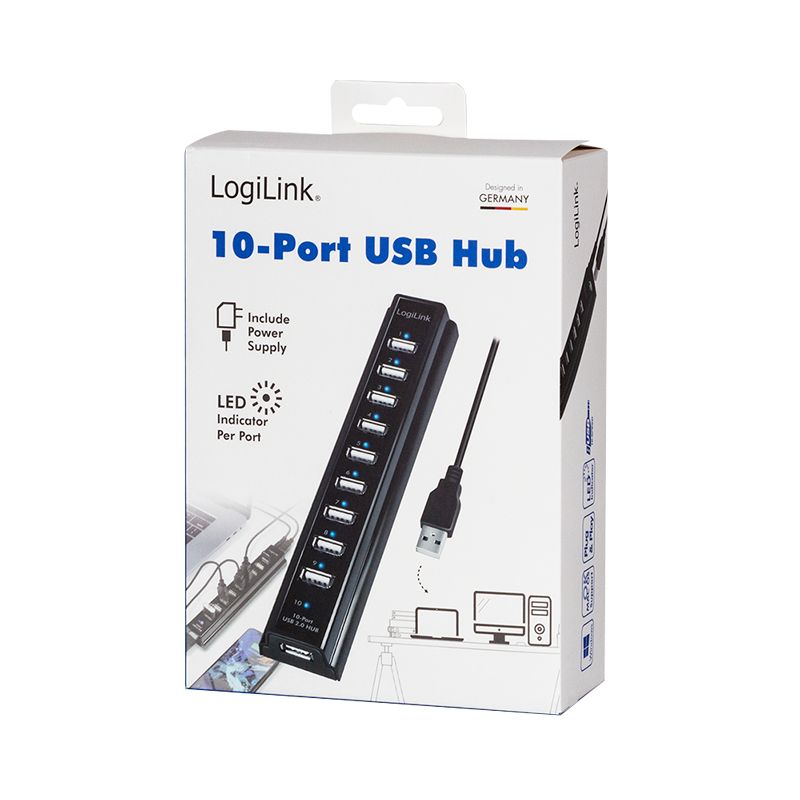 Logilink USB 2.0 hub 10-port with power supply Black