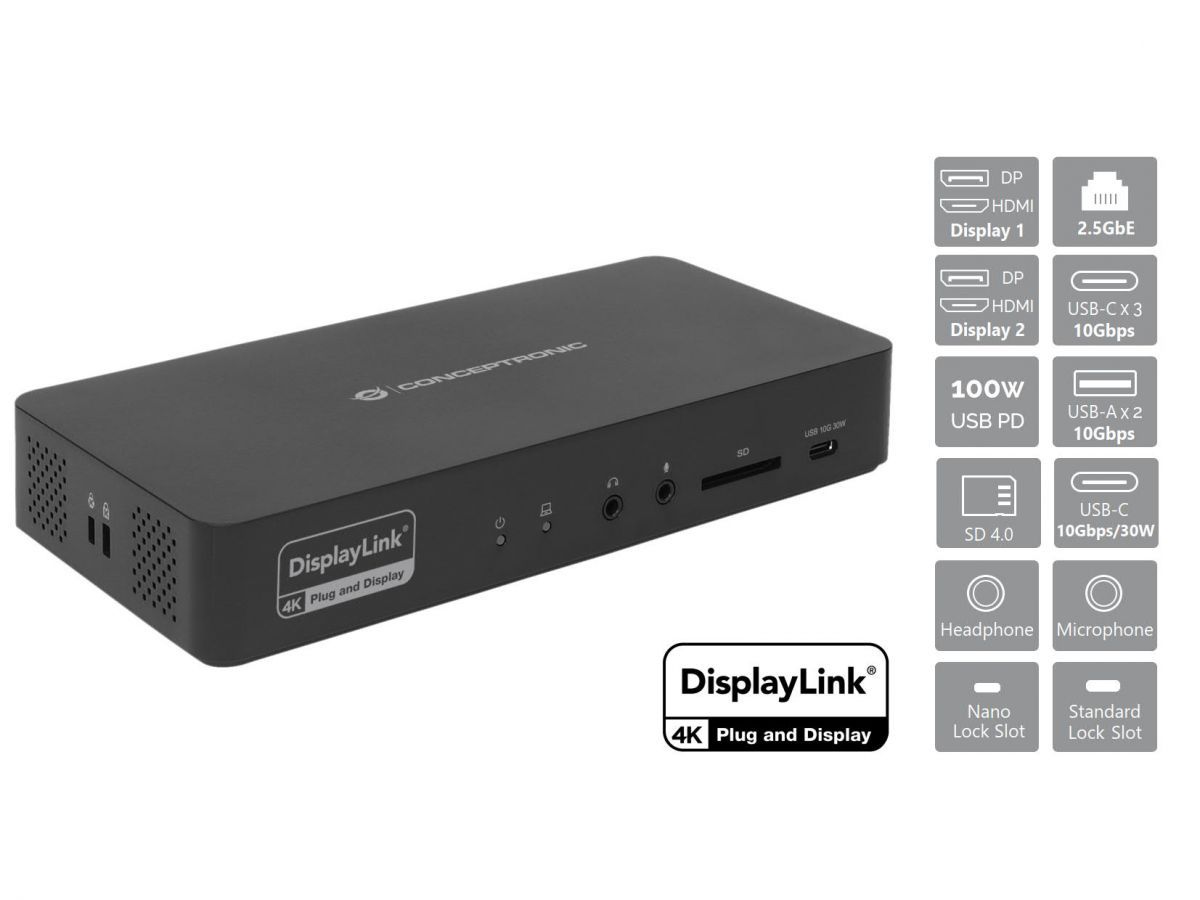 Conceptronic  DONN31B 17-in-1 DisplayLink Docking Station USB 3.2 Gen 2