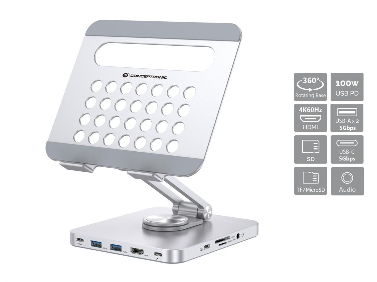 Conceptronic  DONN26G Tablet Stand with 8-in-1 USB 3.2 Gen 1 Docking Station