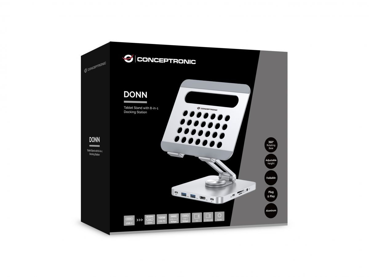 Conceptronic  DONN26G Tablet Stand with 8-in-1 USB 3.2 Gen 1 Docking Station