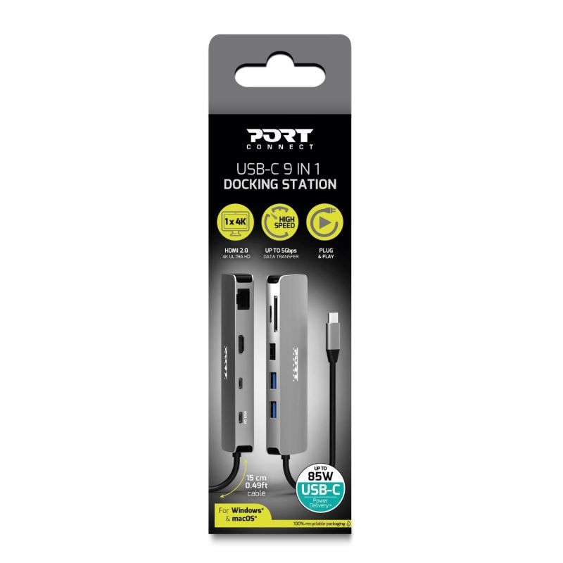 Port Designs 9-in-1 USB-C 1× 4K Docking Station Aluminium Design 85W PD Silver