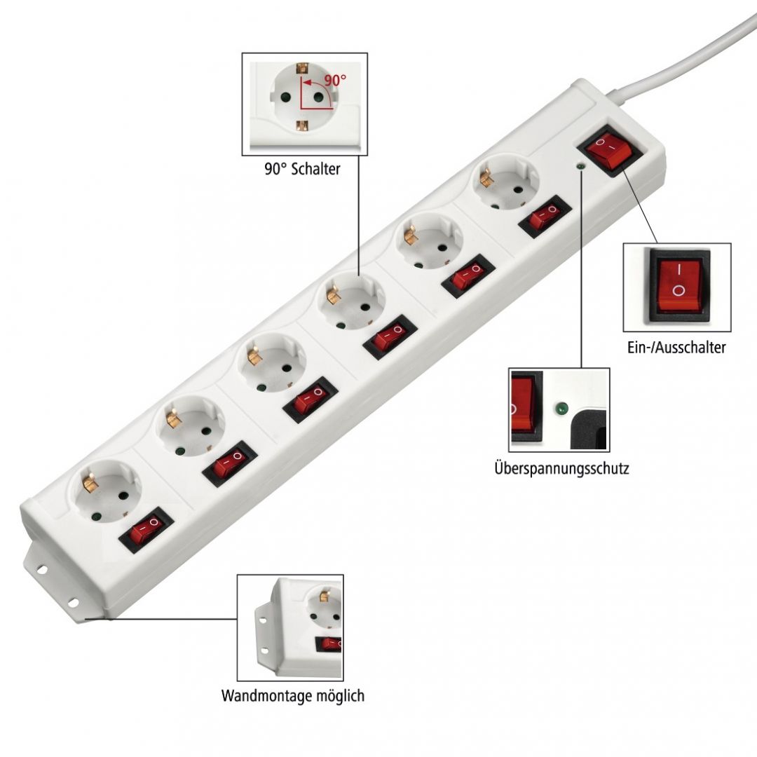 Hama Hálózati Elosztó Kapcsolóval 6DIN 1,4m White