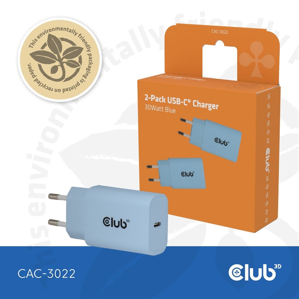 Club3D USB-C Charger 30W Blue (2-Pack)