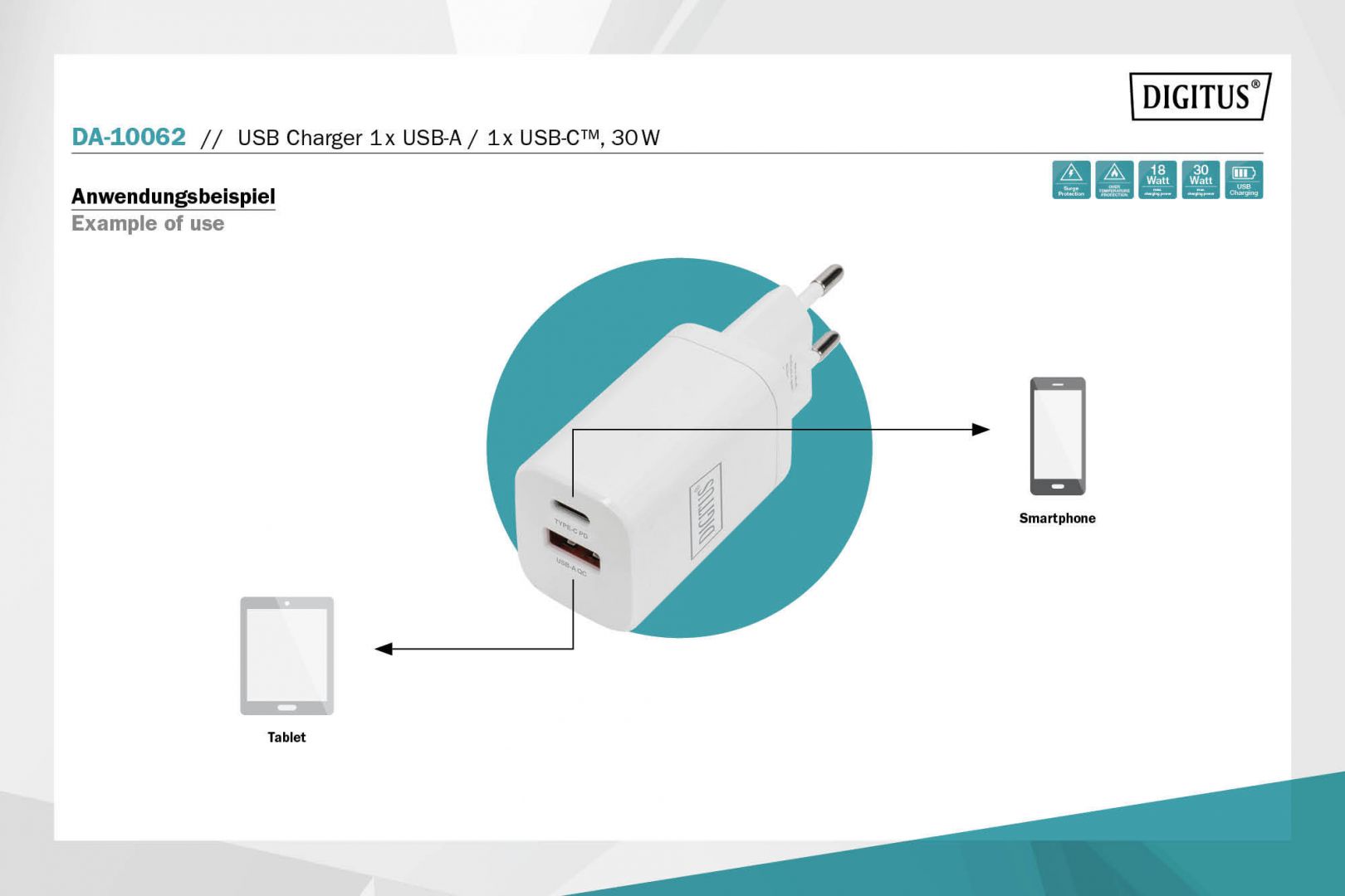 Digitus DA-10062 USB-C/USB-A DualPort Charger 30W White