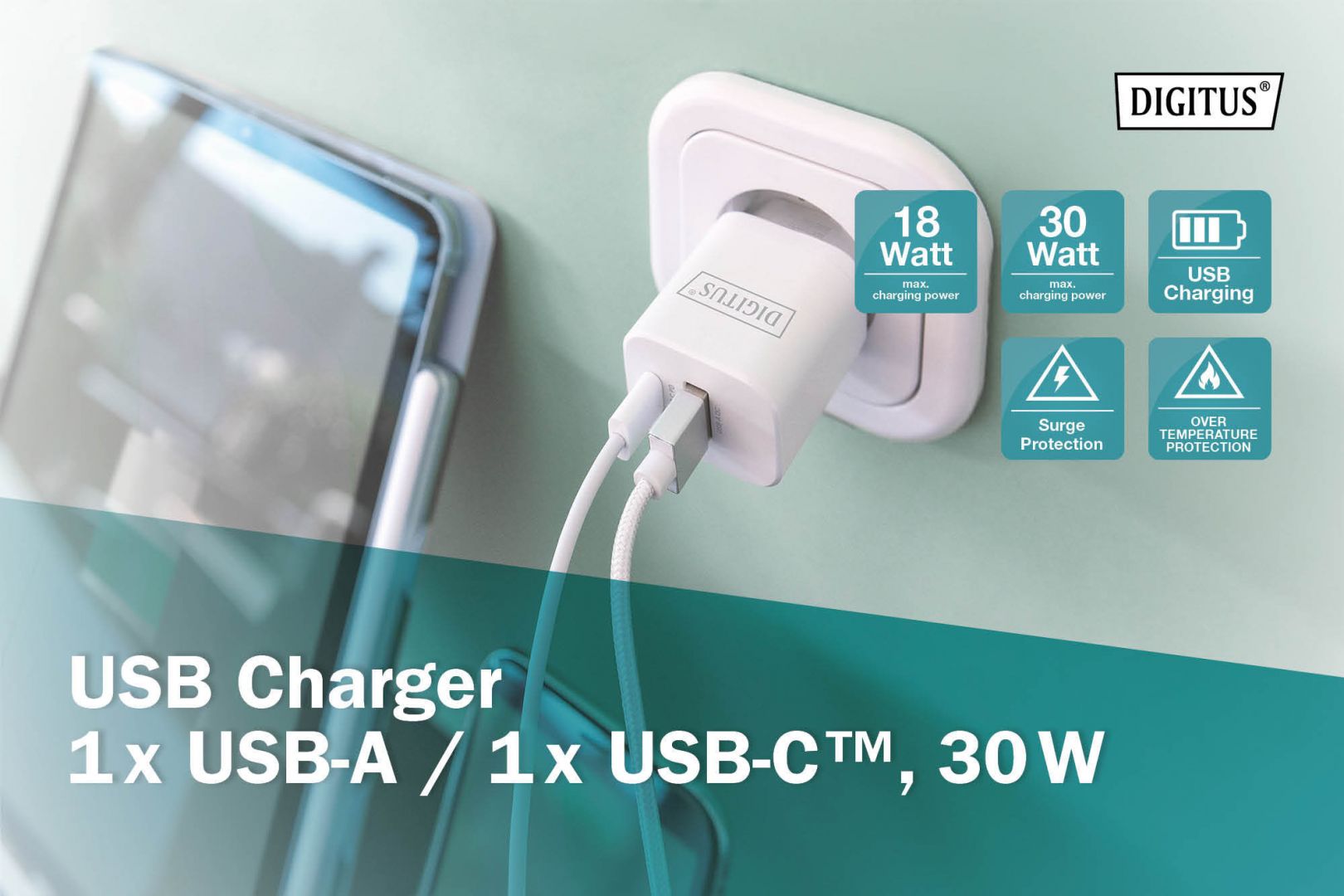 Digitus DA-10062 USB-C/USB-A DualPort Charger 30W White