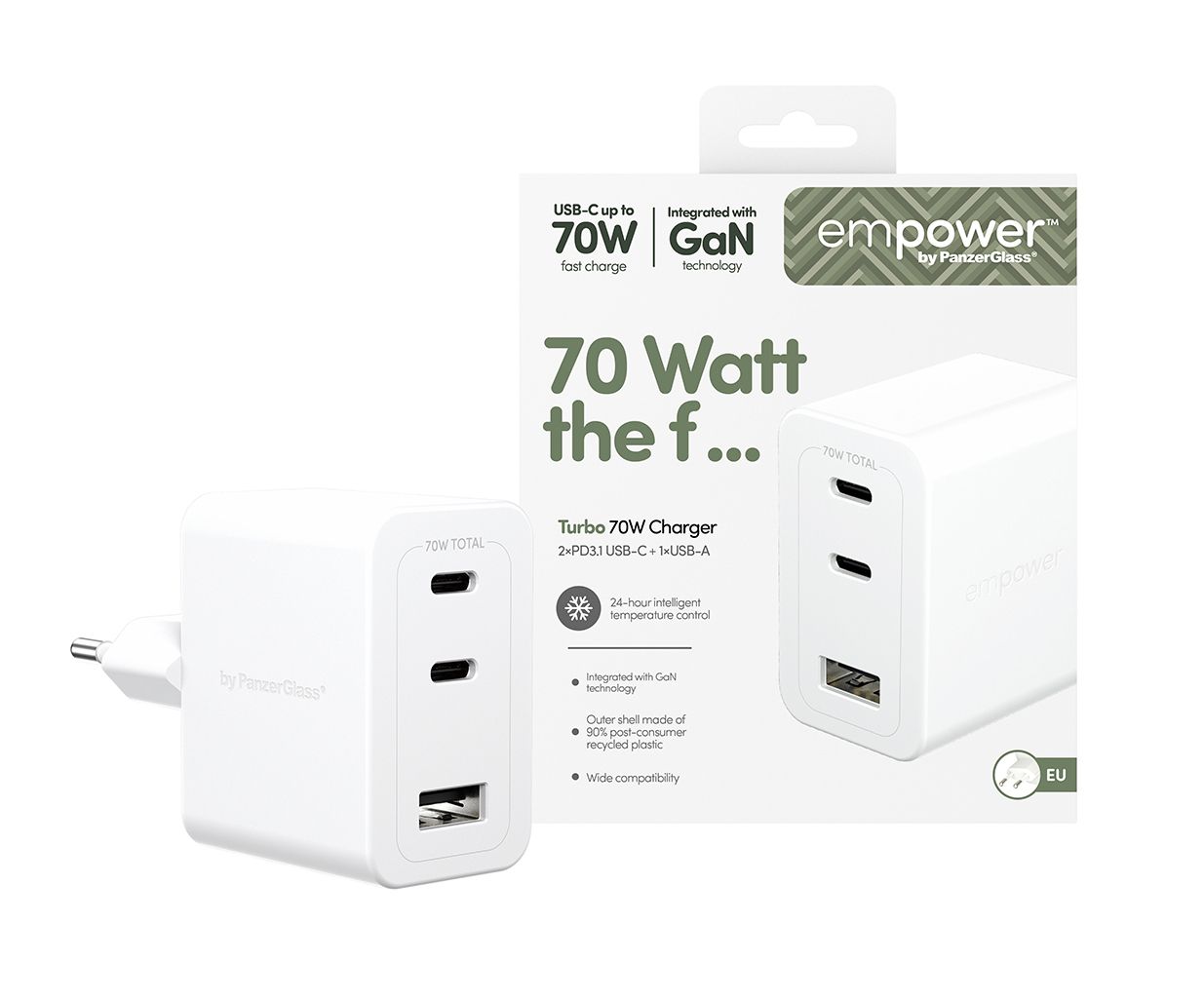 PanzerGlass 70W 2x USB-C 1x USB-A charger White