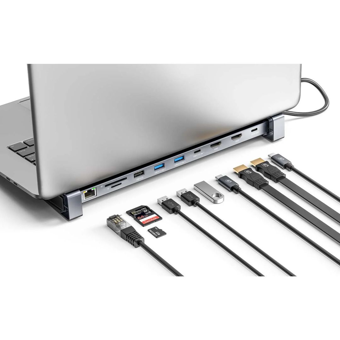Manhattan USB-C PD 10-in-1 Dual-HDMI Monitor Docking Station Multiport Hub Silver