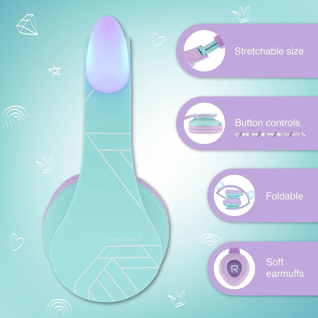PowerLocus P2Kids Bluetooth Headset Teal/Purple Ears