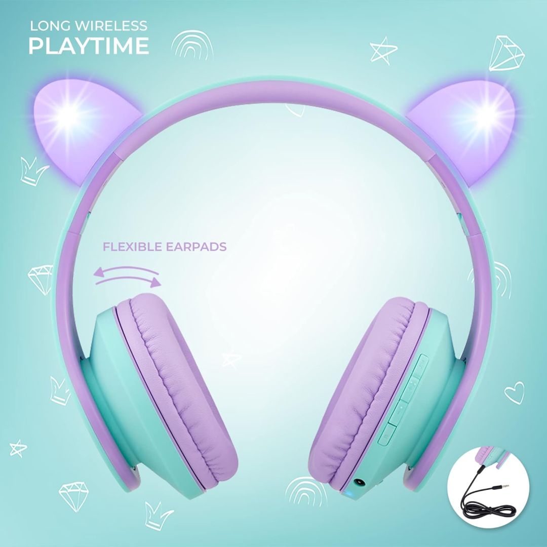 PowerLocus P2Kids Bluetooth Headset Teal/Purple Ears