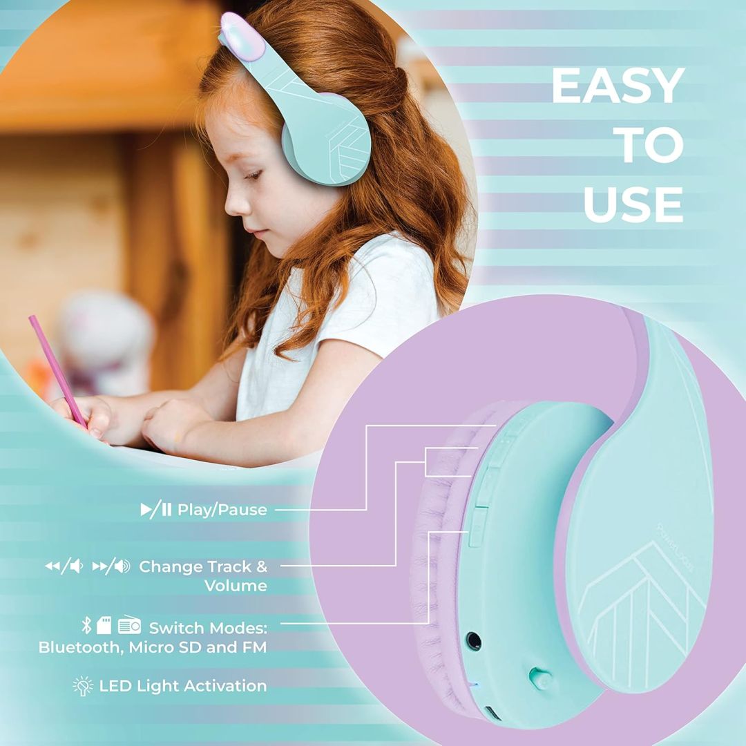 PowerLocus P2Kids Bluetooth Headset Teal/Purple Ears