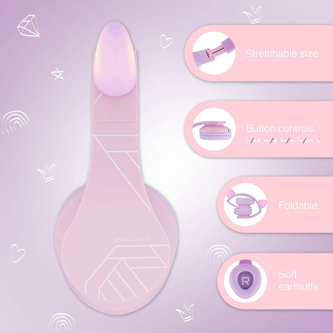 PowerLocus P2Kids Bluetooth Headset Purple/Pink Ears