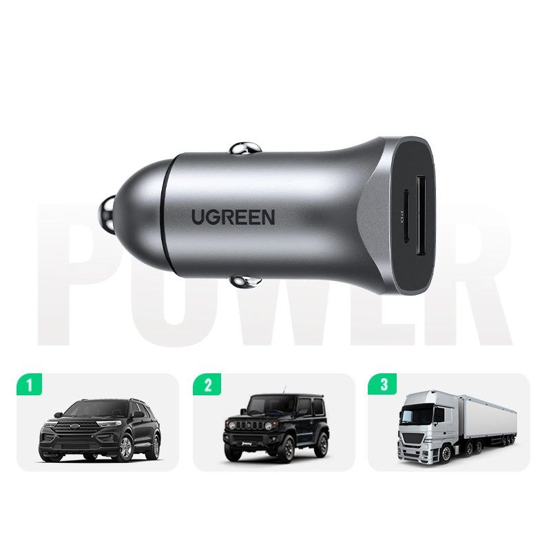 UGREEN Car Charger USB-A/USB-C 24W Power Delivery Quick Charge Gray
