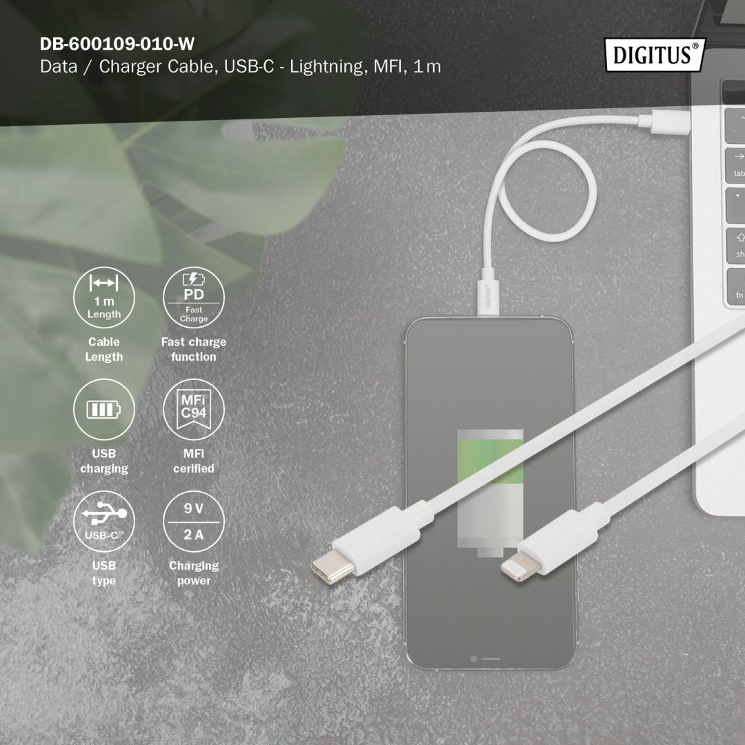Digitus Data / Charger Cable USB-C - Lightning MFI 1m White