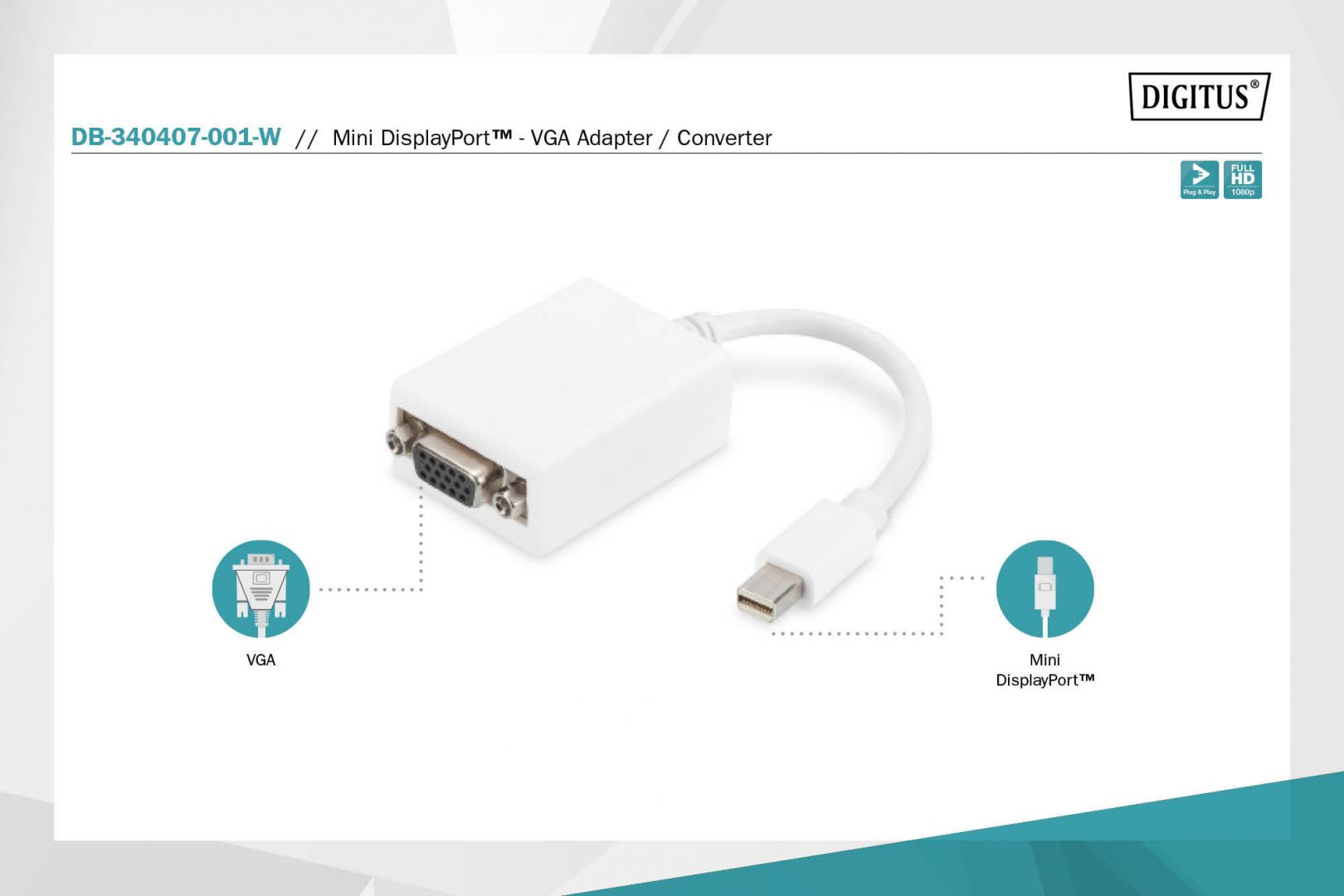Digitus DisplayPort adapter cable mini DP - HD15 M/F 0,15m White