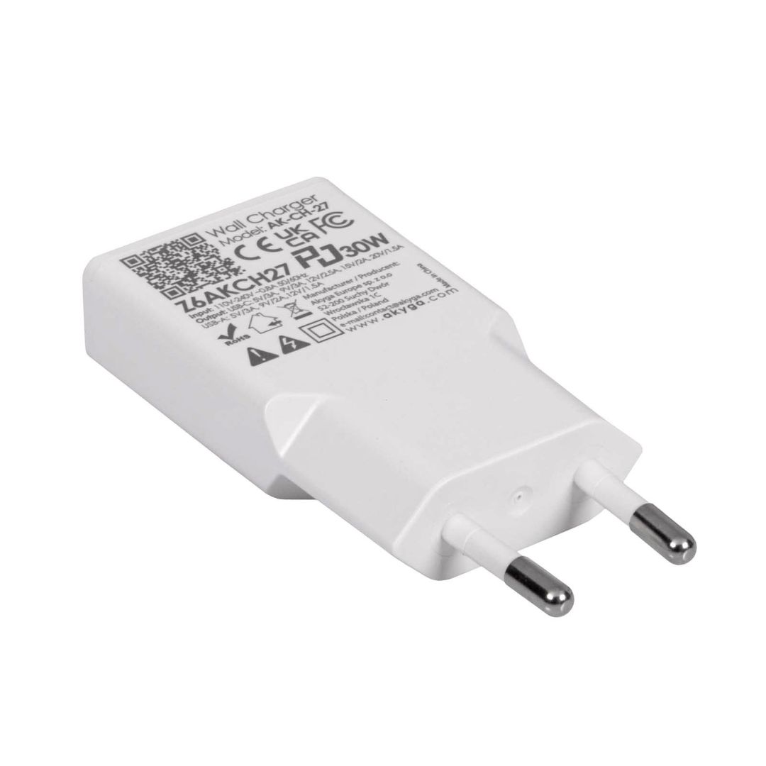 Akyga AK-CH-27 USB-A/USB-C PD 30W Quick Charge 3.0 GaN White