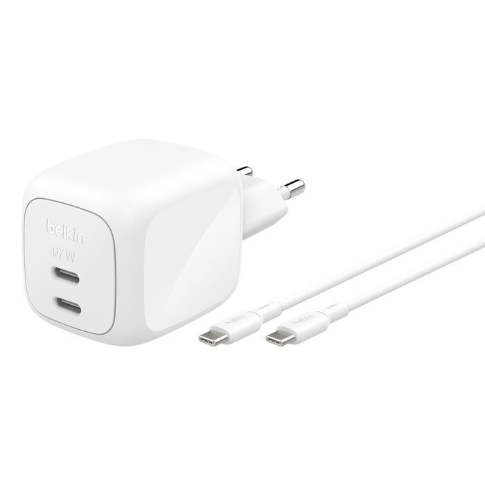 Belkin 2-Port USB-C GaN Charger (67W) with USB-C Cable White