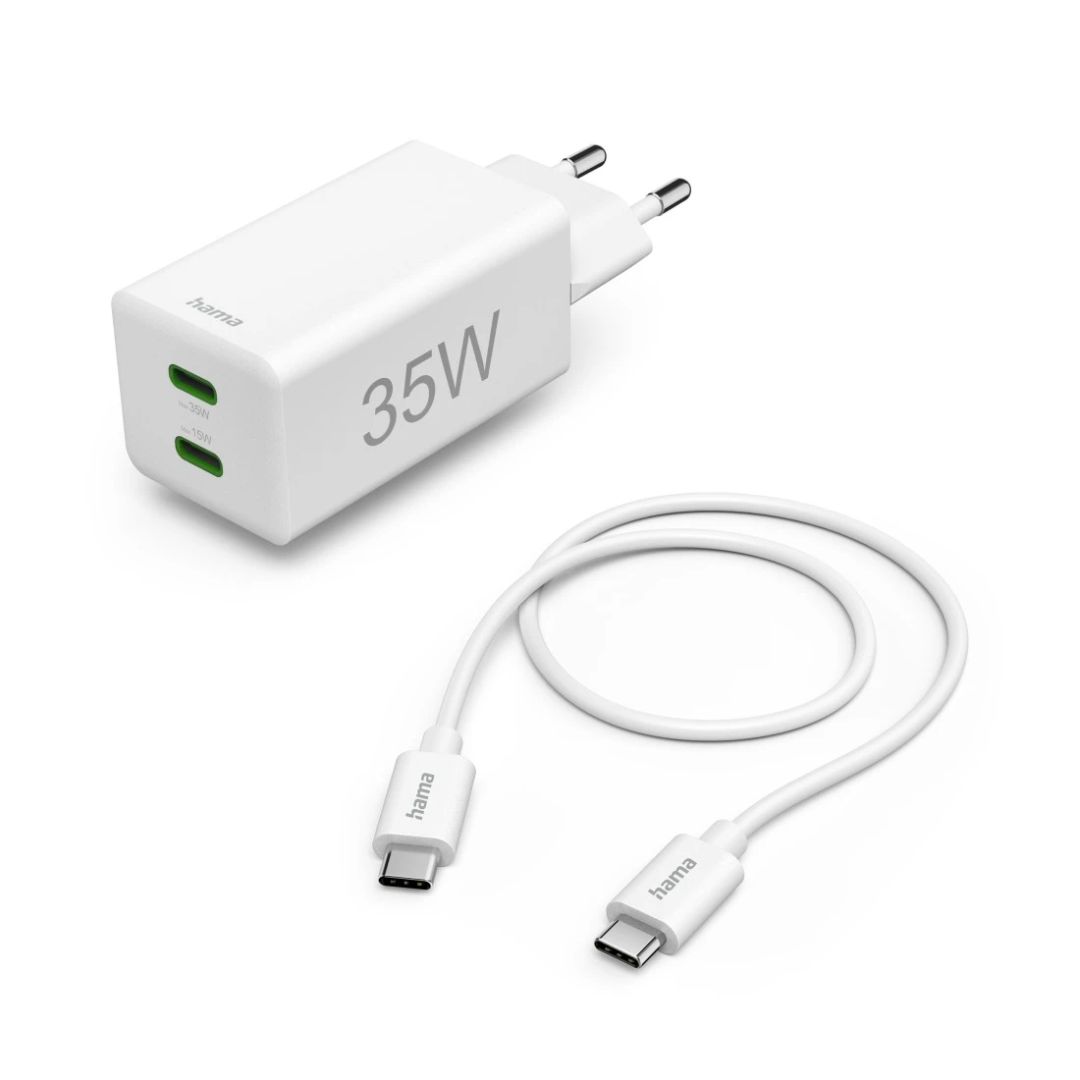 Hama Fast Charger+cable 2 x USB-C PD / QC Mini Charger 35W 1m White