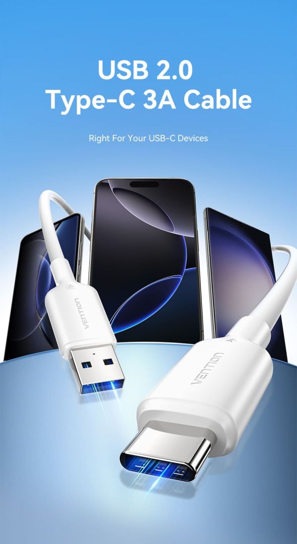 Vention USB 2.0 A Male to C Male 3A PVC Type cable 1m Black