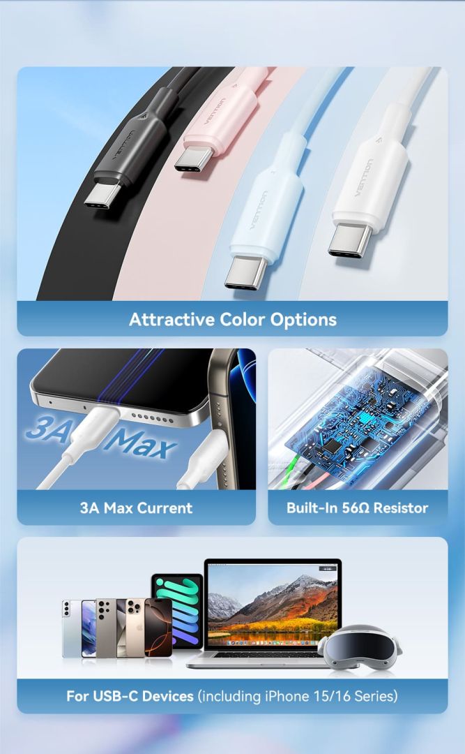 Vention USB 2.0 A Male to C Male 3A PVC Type cable 1m Black