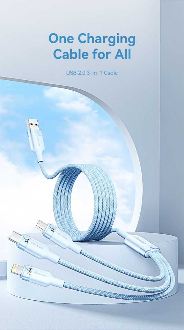 Vention USB 2.0 A Male to 3-in-1 USB-C & Lightning & Micro-B Male 3A Cable 1,5m Blue