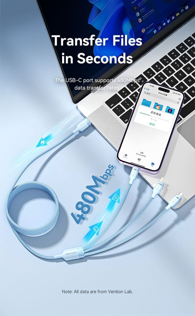 Vention USB 2.0 A Male to 3-in-1 USB-C & Lightning & Micro-B Male 6A Cable 1,5m Blue