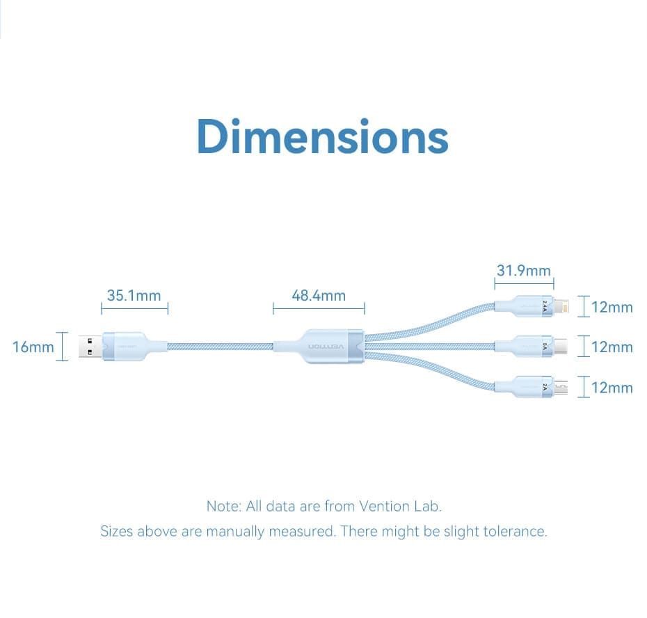 Vention USB 2.0 A Male to 3-in-1 USB-C & Lightning & Micro-B Male 6A Cable 1,5m Blue
