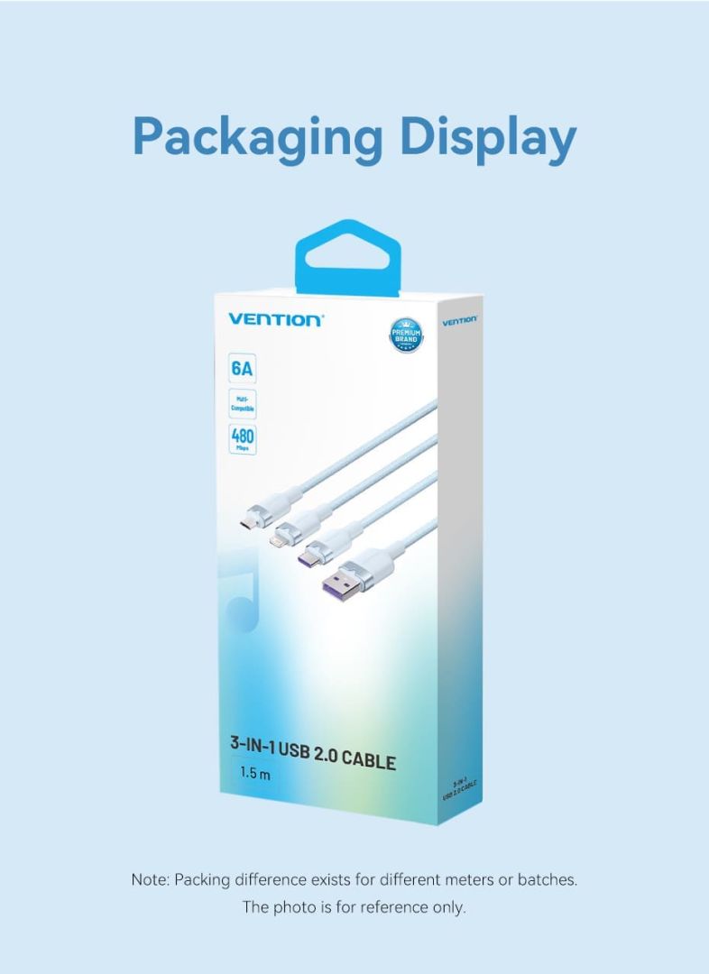 Vention USB 2.0 A Male to 3-in-1 USB-C & Lightning & Micro-B Male 6A Cable 1,5m Blue