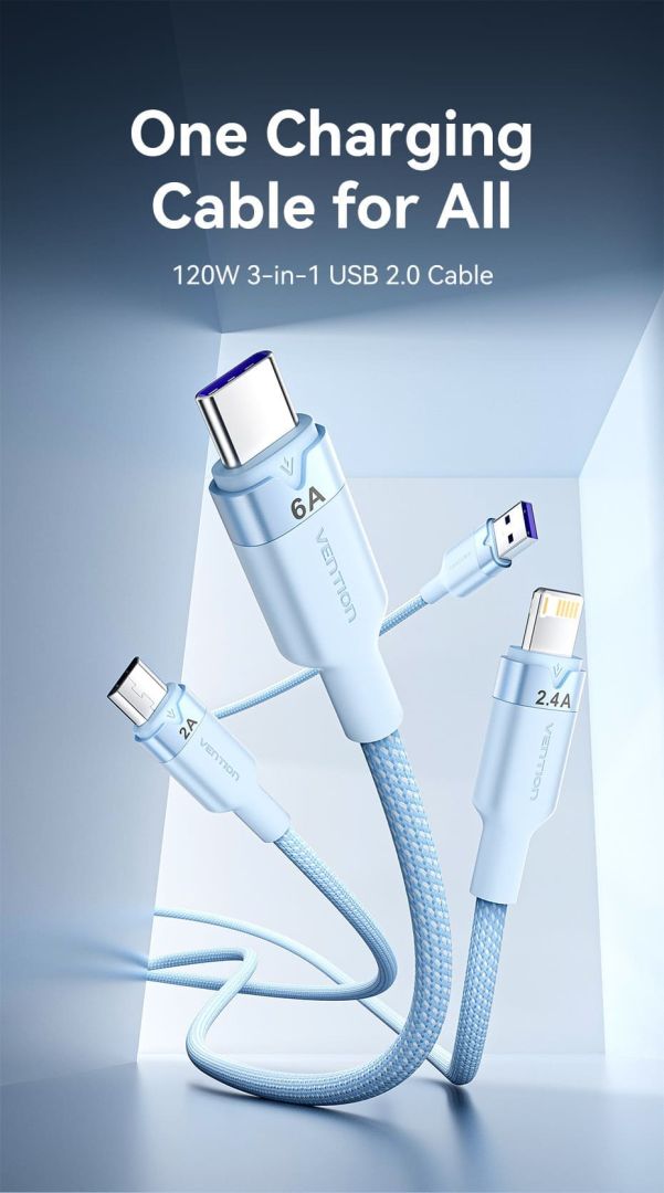 Vention USB 2.0 A Male to 3-in-1 USB-C & Lightning & Micro-B Male 6A Cable 1,5m Blue