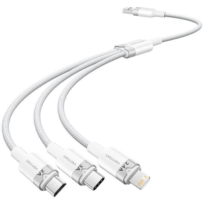 Vention USB 2.0 A Male to 3-in-1 USB-C & Lightning & Micro-B Male 3A Cable 1,5m White