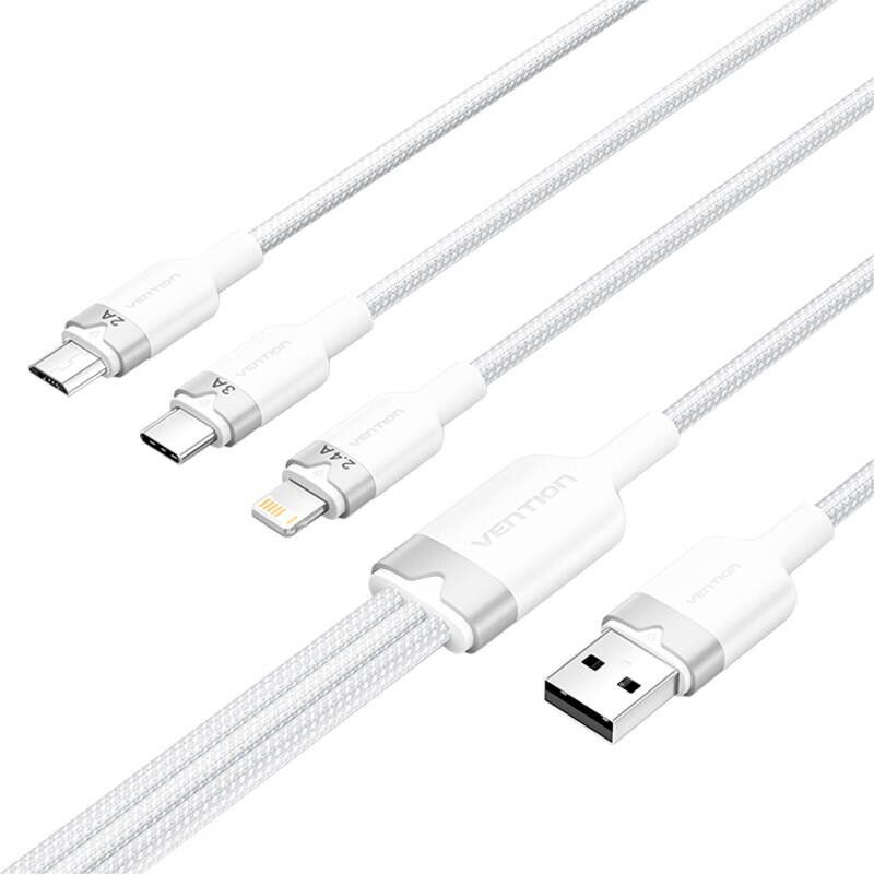 Vention USB 2.0 A Male to 3-in-1 USB-C & Lightning & Micro-B Male 3A Cable 1,5m White