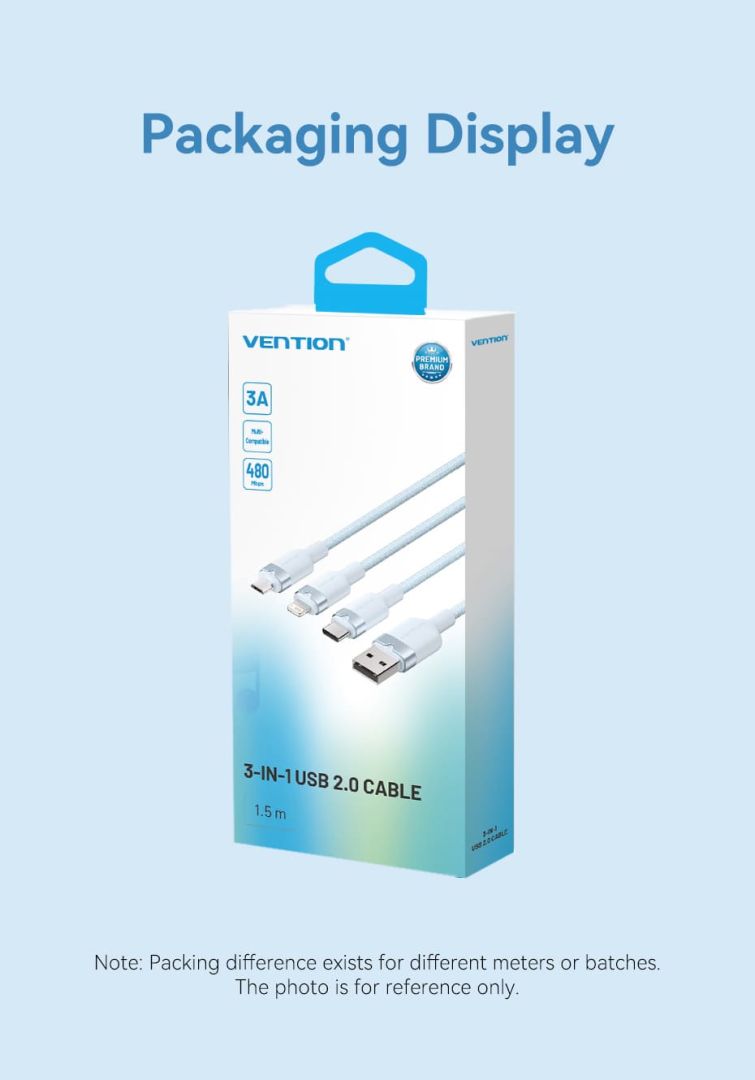 Vention USB 2.0 A Male to 3-in-1 USB-C & Lightning & Micro-B Male 3A Cable 1,5m White