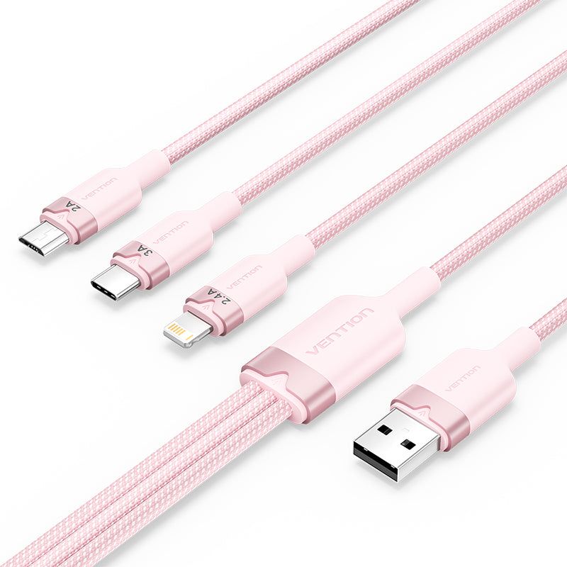 Vention USB 2.0 A Male to 3-in-1 USB-C & Lightning & Micro-B Male 3A Cable 1,5m Pink