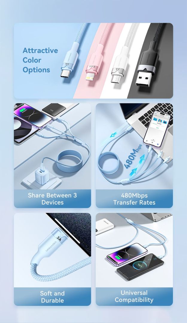 Vention USB 2.0 A Male to 3-in-1 USB-C & Lightning & Micro-B Male 3A Cable 1,5m Pink