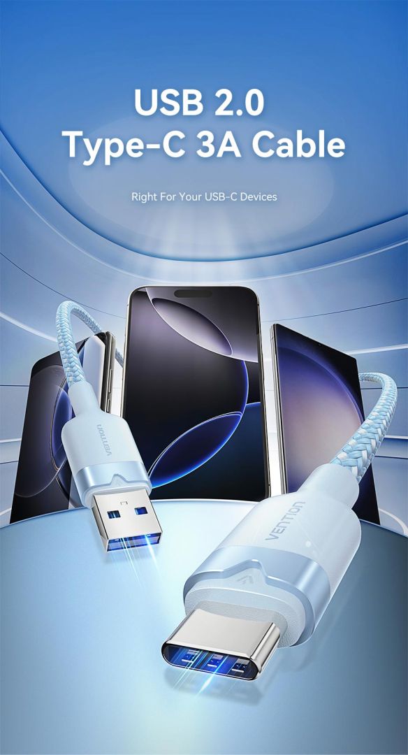 Vention USB 2.0 A Male to C Male 3A Aluminum Alloy Type cable 1m Blue
