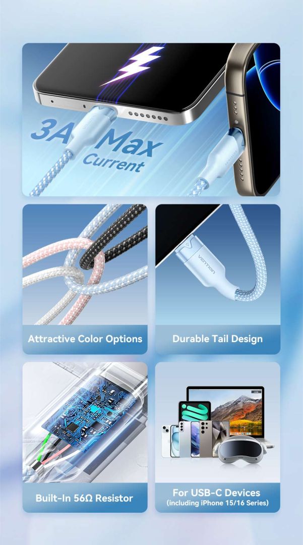 Vention USB 2.0 A Male to C Male 3A Aluminum Alloy Type cable 1m Blue